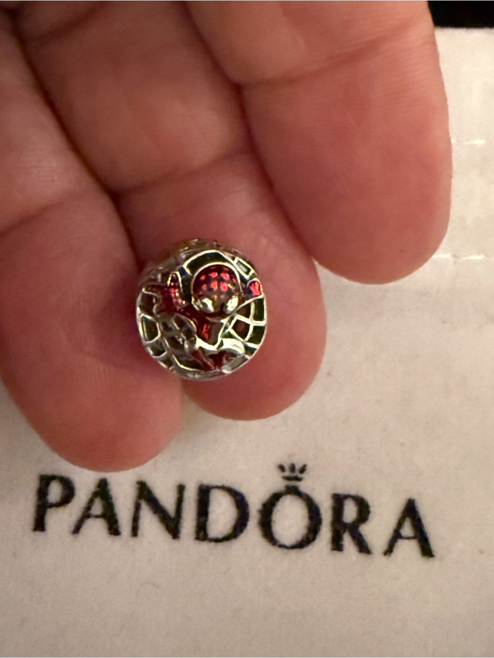 Pandora Silver Charm with Red Enamel Spider and Web